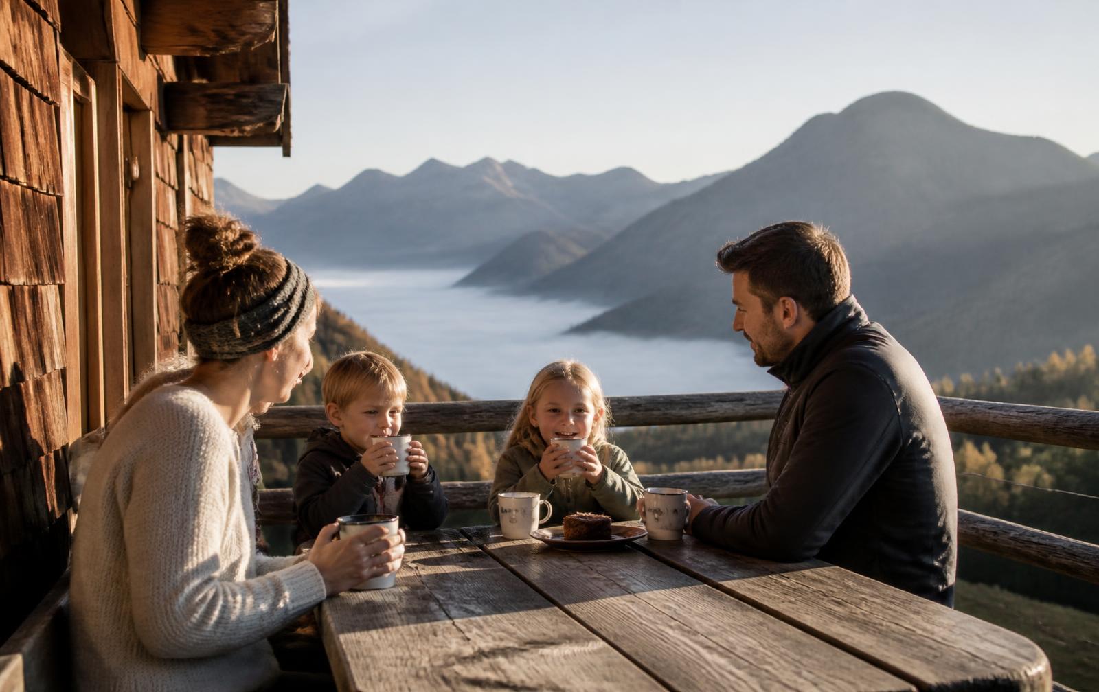 Familie beim Frühstück auf der Terrasse einer Berghütte über dem Nebelmeer
